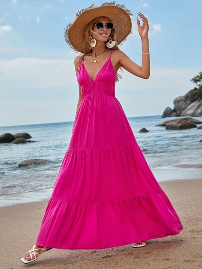 SHEIN VCAY 荷葉邊拖地吊帶連衣裙