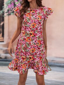 SHEIN VCAY Vestido con estampado floral de manga mariposa bajo con fruncido - Multicolor - Ver 1