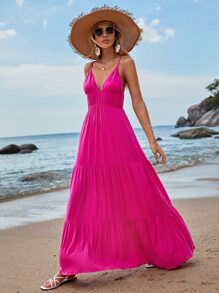 SHEIN VCAY 荷葉邊拖地吊帶連衣裙 - 粉色 - 查看 4