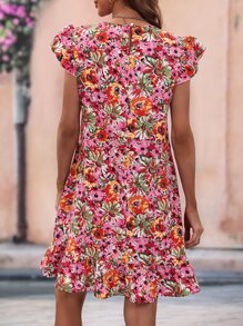 SHEIN VCAY Vestido con estampado floral de manga mariposa bajo con fruncido - Multicolor - Ver 2