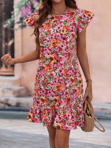 SHEIN VCAY Vestido con estampado floral de manga mariposa bajo con fruncido - Multicolor - Ver 4