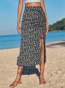 SHEIN VCAY Ditsy Floral Print Drawstring Detail Split Thigh Skirt - Multicolor - View 1