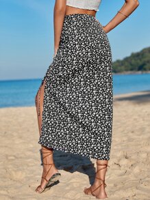 SHEIN VCAY Ditsy Floral Print Drawstring Detail Split Thigh Skirt - Multicolor - View 2