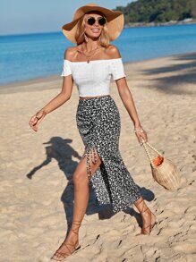 SHEIN VCAY Ditsy Floral Print Drawstring Detail Split Thigh Skirt - Multicolor - View 7