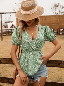 SHEIN VCAY 小碎花泡泡袖荷葉邊下擺襯衫