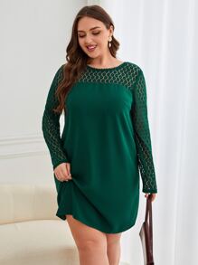 SHEIN Frenchy Plus Contrast Lace Button Back Dress - Dark Green - View 2