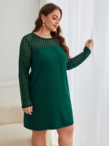 SHEIN Frenchy Plus Contrast Lace Button Back Dress - Dark Green - View 3