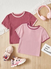 SHEIN 少女2入組對比邊緣t卹 - 彩色 - 查看 2