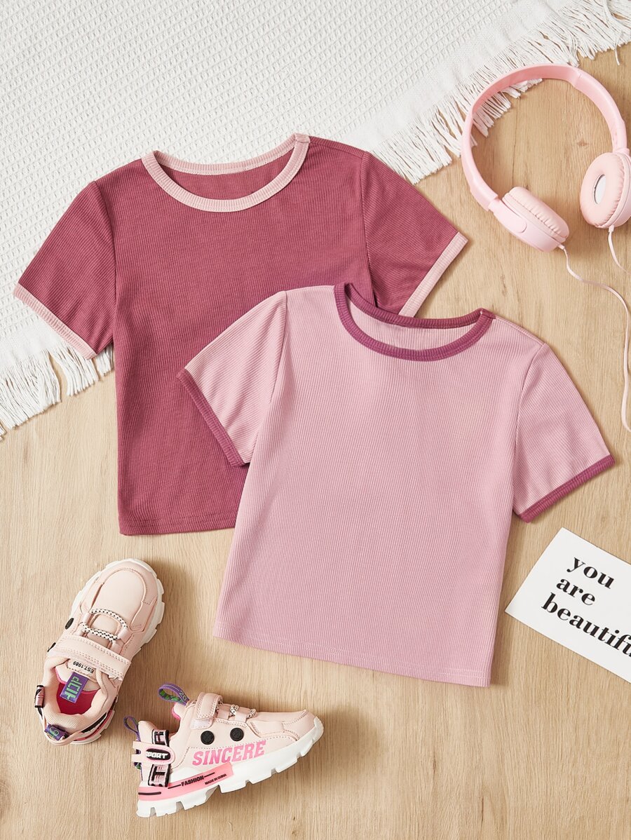 SHEIN 少女2入組對比邊緣t卹