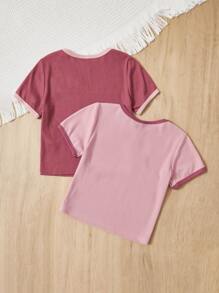 SHEIN 少女2入組對比邊緣t卹 - 彩色 - 查看 3