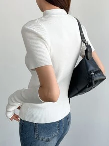 DAZY 纯色中式立领罗纹针织上衣，带袖袖，秋季服装 - 米色 - 查看 7