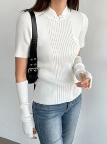 DAZY 纯色中式立领罗纹针织上衣，带袖袖，秋季服装 - 米色 - 查看 6