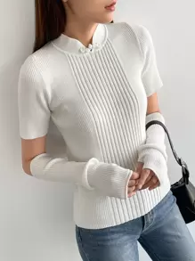 DAZY 纯色中式立领罗纹针织上衣，带袖袖，秋季服装 - 米色 - 查看 1