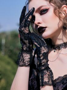 ROMWE Goth Floral Lace Gloves - Black - View 1