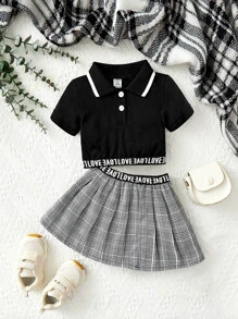 嬰兒字母織帶POLO衫和格紋百褶半身裙