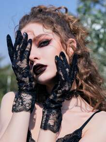 ROMWE Goth Floral Lace Gloves - Black - View 4