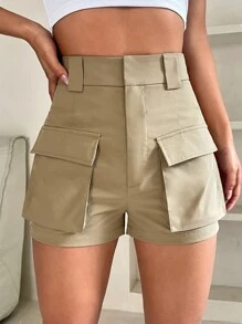 SHEIN PETITE Flap Pocket Shorts - Khaki - View 1