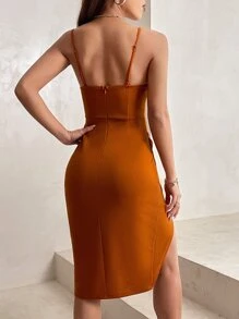 SHEIN PETITE Solid Ruched Asymmetrical Hem Cami Dress - Burnt Orange - View 2