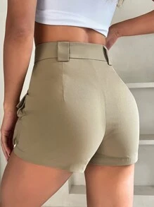 SHEIN PETITE Flap Pocket Shorts - Khaki - View 2