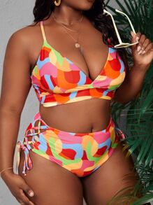 Plus Size Allover Print Lace Up Side Bikini Set Summer Beach - Multicolor - View 1