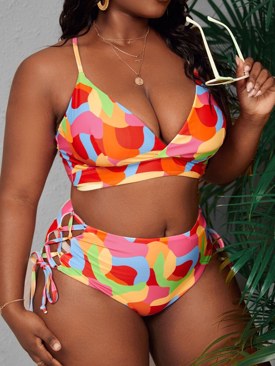Plus Size Allover Print Lace Up Side Bikini Set Summer Beach - Multicolor - View 1
