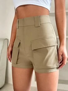 SHEIN PETITE Flap Pocket Shorts - Khaki - View 3