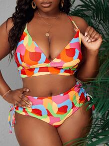 Plus Size Allover Print Lace Up Side Bikini Set Summer Beach - Multicolor - View 3