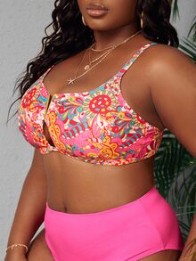 大碼印花鏤空比基尼泳裝上衣 - 彩色 - 查看 3