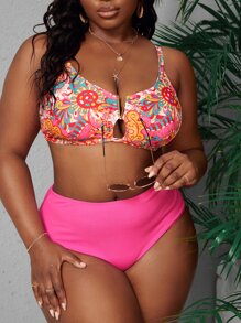 大碼印花鏤空比基尼泳裝上衣 - 彩色 - 查看 5