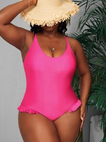 Plus Crisscross Backless Ruffle Trim One Piece Swimsuit - Hot Pink - View 1