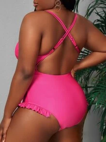 Plus Crisscross Backless Ruffle Trim One Piece Swimsuit - Hot Pink - View 2