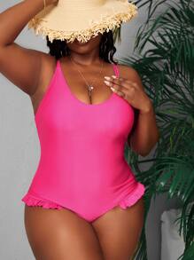 Plus Crisscross Backless Ruffle Trim One Piece Swimsuit - Hot Pink - View 4