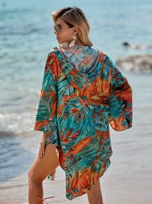 Swim Vcay Tropical Print Tie Front Kimono, For Summer Beach Vacation - Multicolor - View 2
