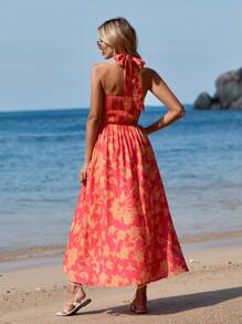 SHEIN VCAY Allover Floral Print Shirred Tie Backless Halter Dress - Red - View 2