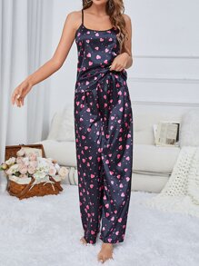Heart Print Crisscross Backless Cami Top & Trousers PJ Set - Multicolor - View 3