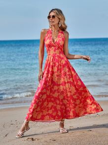 SHEIN VCAY Allover Floral Print Shirred Tie Backless Halter Dress - Red - View 1