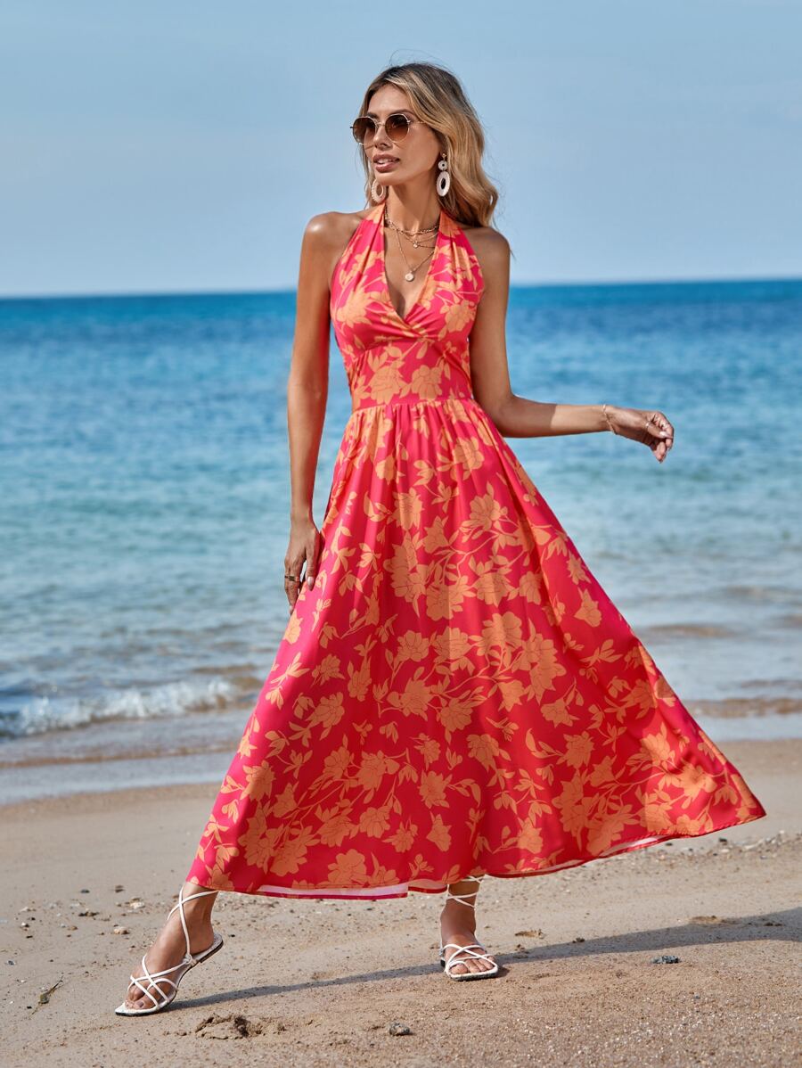 SHEIN VCAY Allover Floral Print Shirred Tie Backless Halter Dress - Red - View 1