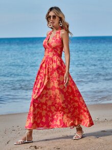 SHEIN VCAY Allover Floral Print Shirred Tie Backless Halter Dress - Red - View 4
