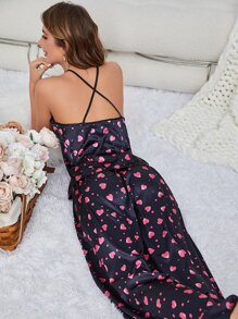 Heart Print Crisscross Backless Cami Top & Trousers PJ Set - Multicolor - View 6