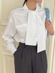 DAZY 拼接口袋綁頸落肩上衣 - 白色 - 查看 4