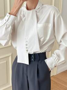 DAZY 拼接口袋綁頸落肩上衣 - 白色 - 查看 7