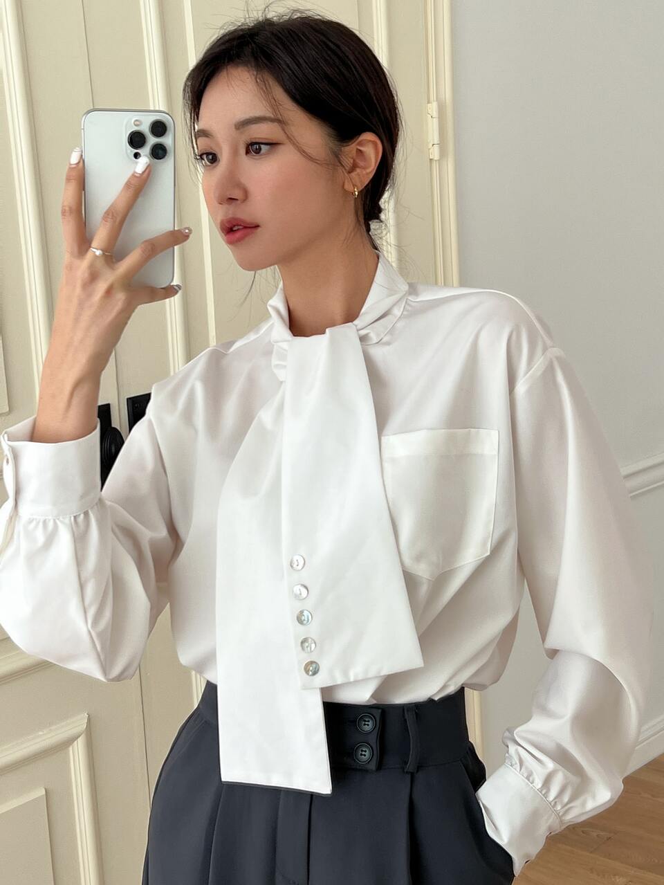 Patched Pocket Tie Neck Drop Shoulder Blouse