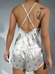 Floral Print Lace Trim Satin PJ Set - White - View 2