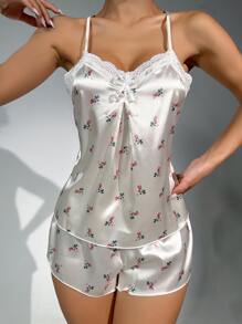 Floral Print Lace Trim Satin PJ Set - White - View 4