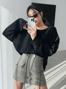 DAZY Solid Drop Shoulder Criss Cross Back Jumper - Black - View 1