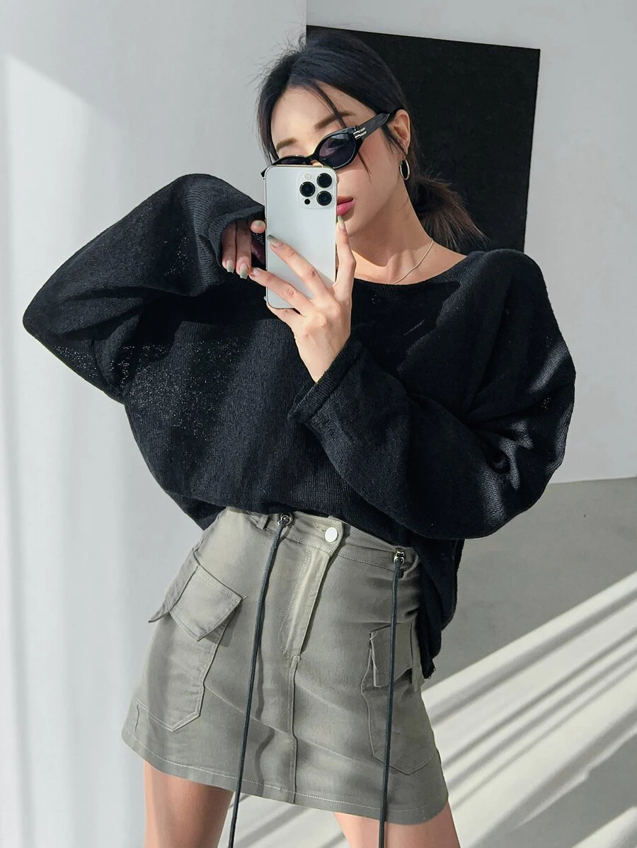 DAZY Solid Drop Shoulder Criss Cross Back Jumper - Black - View 1