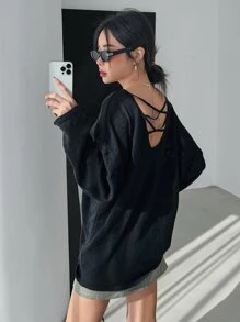 DAZY Solid Drop Shoulder Criss Cross Back Jumper - Black - View 3