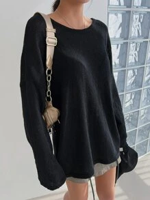 DAZY Solid Drop Shoulder Criss Cross Back Jumper - Black - View 4