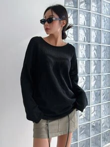 DAZY Solid Drop Shoulder Criss Cross Back Jumper - Black - View 5