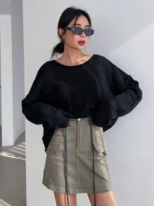 DAZY Solid Drop Shoulder Criss Cross Back Jumper - Black - View 6